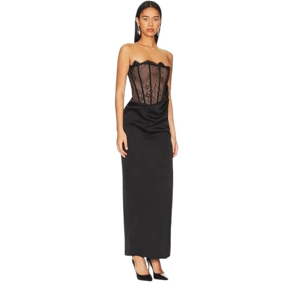 NBD x Revolve - Nalani Lace Tan and Black Strapless Bustier Maxi Gown Sz M - Picture 2 of 16
